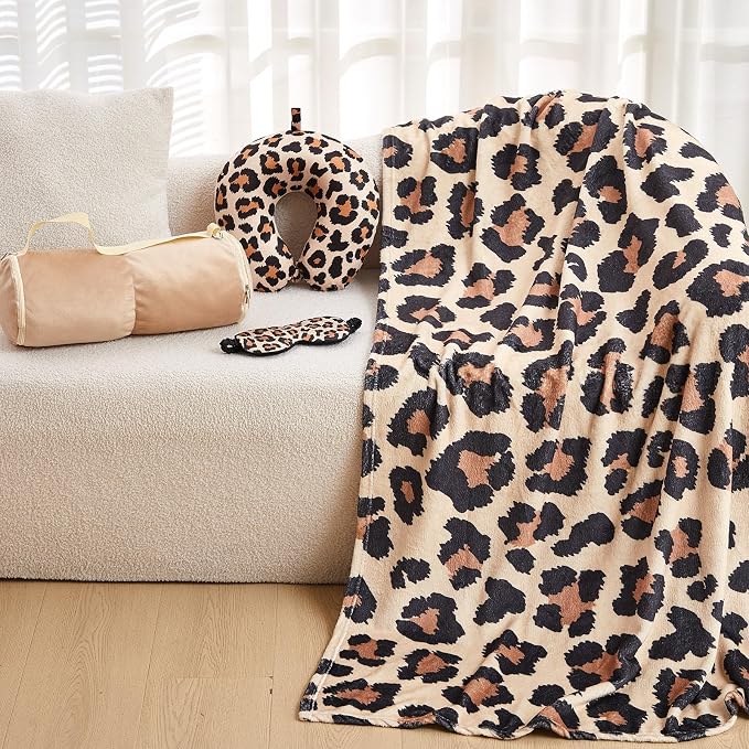 HunnmingRe 5 Pcs Travel Pillow and Blanket Set, 5 in 1 Travel Airplane Compact Includes 40 x 60 Inch Throw Blanket Eye Mask Neck Pillow Earplug and Bag Gifts for Travelers Women(Leopard Print,Brown) - Image 5