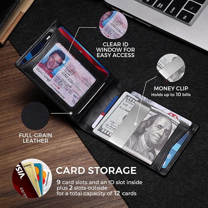 Zitahli Genuine Leather Wallet for Men 12 Card Slim Mens Wallets Bifold RFID Blocking with Money Clip & ID Window Thin Minimalist Card Holder Wallet with Gift Box - Image 3