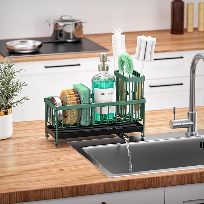 Cisily Sponge Holder for Kitchen Sink, Sink Caddy Organizer with High Brush Holder, Kitchen Countertop Organizers and Storage Essentials, Rustproof 304 Stainless Steel (Dark Green, 9.25″) - Image 7