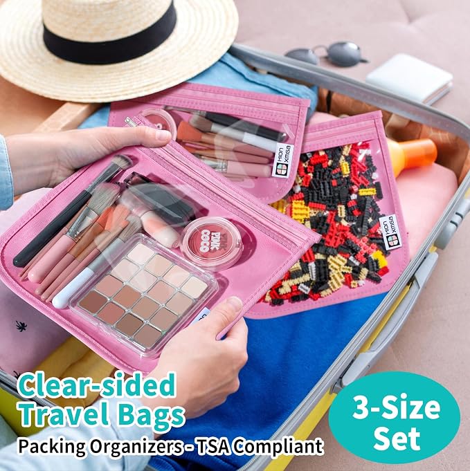 HIONXMGA Set of 3 Clear Travel Toiletry Bag, TSA Approved, Quart Size S/M/L | Clear Front Zipper Pouches Waterproof Cosmetics Bags for Women Kids Toiletries Baby Essentials Well-Organized Carry, Pink - Image 2