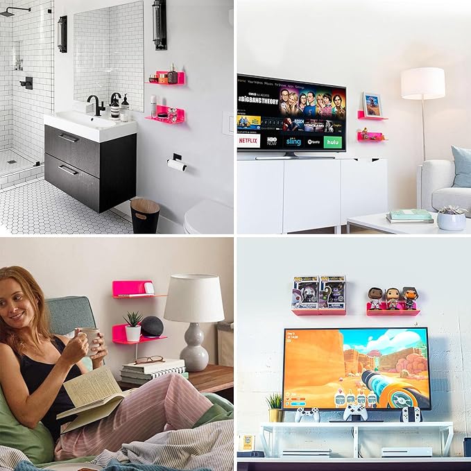 OAPRIRE Acrylic Floating Wall Shelves Fluorescent Pink, No Drill, 9 Inch 2P | Strong Tape Adhesive Wall Shelf, Easy Installation, Hole Design with Cable Clips, Small Spaces Bedroom Bathroom Living Room - Image 3
