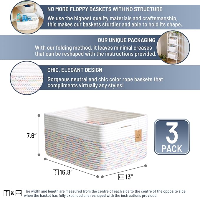NaturalCozy Storage Baskets 16.8”x13”x7.6” Cotton Rope Woven Baskets for Organizing 3-Pack | Toy Storage Bins | Basket for Shelves, Laundry, Blanket, Clothes, Closet, Kitchen, Bathroom, Gifts - Image 2