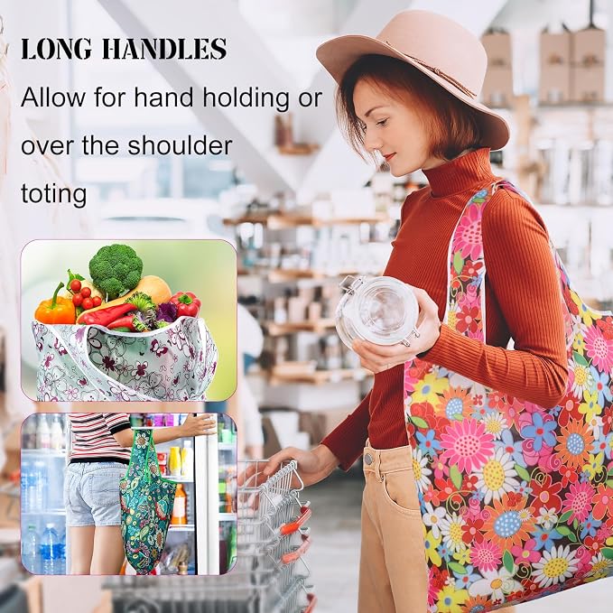 Eccliy 24 Pieces Reusable Grocery Bags Polyester Shopping Bags for Groceries Multi Colors Reusable Foldable Shopping Tote(Flower Style) - Image 6
