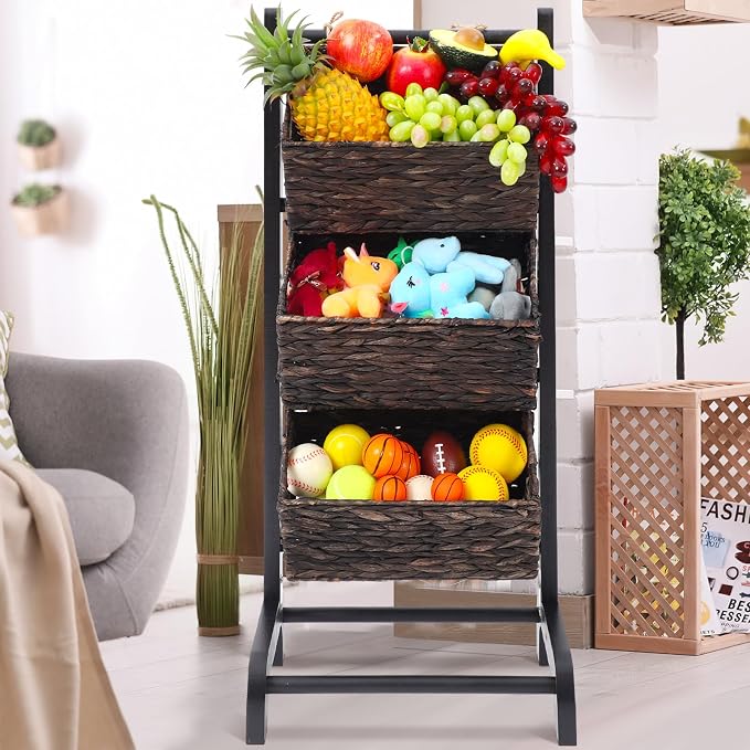 Wicker 3 Tier Foldable Storage Basket Floor Rack with Market Storage Basket Water Hyacinth Storage Rack Hand Woven Laundry Rack for Bathroom Kitchen Laundry Room Living Room Storage (Brown) - Image 7
