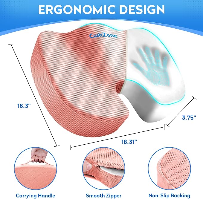 CushZone XL Memory Foam Seat Cushion for Office, Car & Wheelchair, Pink | U-shaped Coccyx Cutout, Contoured Design, Breathable Removable Mesh Cover, Non-Slip Base, Carry Handle - Image 3