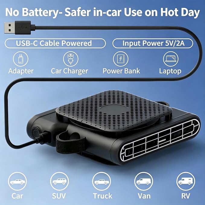 ElfTrip Car Fan with Dual Air Outlets, Wired USB(NON RECHARGEABLE 2 Pack) Car Fan for Backseat for Kids for Driver Passenger, Strong 3 Speeds, Forward/Backward Airflow Fit in Headrest Posts 4.6-6.2in - Image 8
