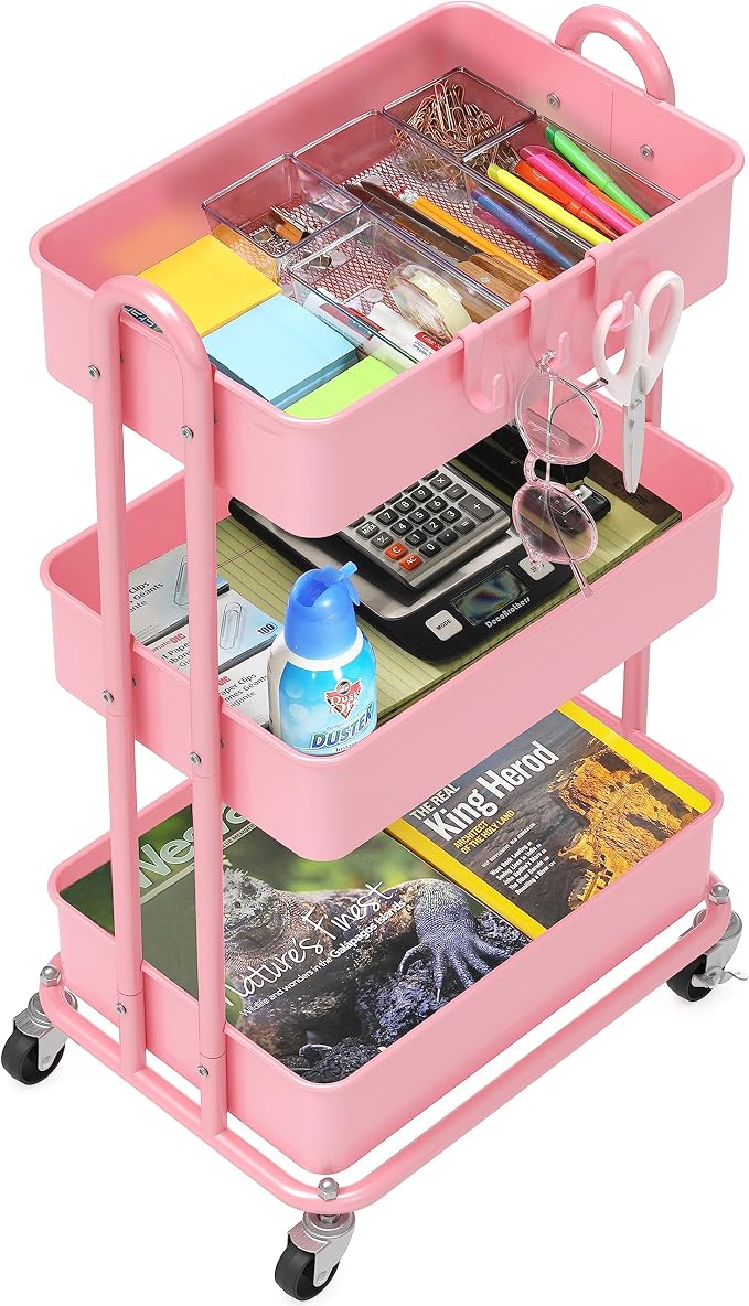 Simple Houseware 3-Tier Heavy Duty Metal Utility Rolling Cart, Pink - Image 3