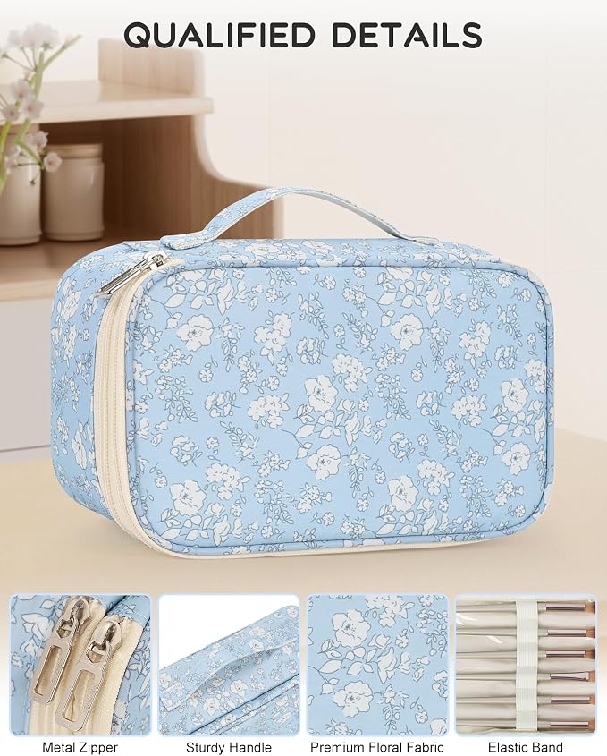 Relavel Small Makeup Bag, Floral Cosmetic Bag with Makeup Brush Compartment | Portable Makeup Pouch for Women, Double Layer Makeup Organizer Bag, Cute Travel Toiletry Bag - Image 3