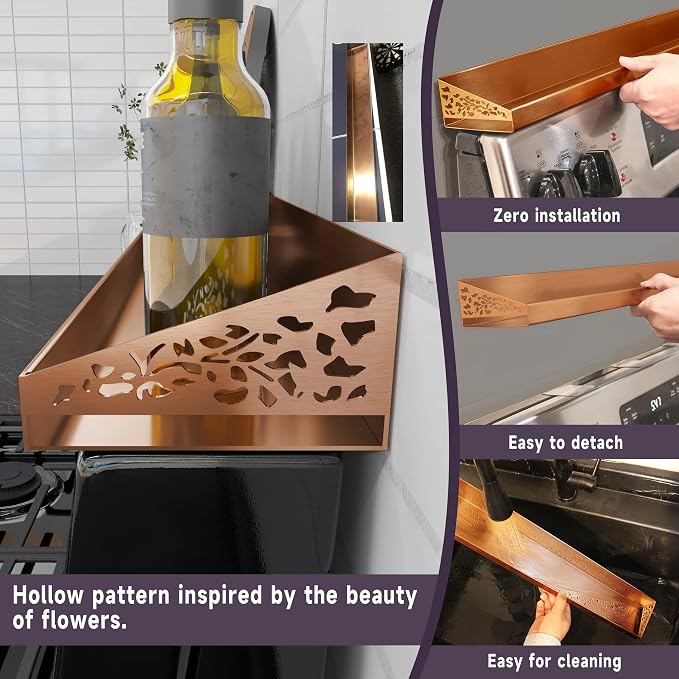 STUTOV 30" Magnetic Stove Top Shelf – Brushed Copper Spice Rack and Seasoning Organizer – Kitchen Shelf for Back of Stove – Over Stove Rack and Storage Organizer - Image 4
