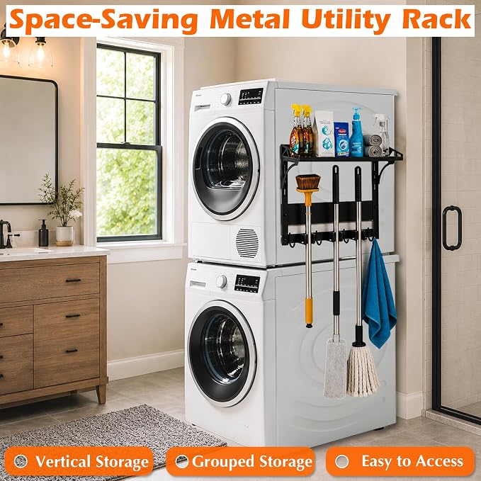 MUTUACTOR Heavy Duty Magnetic Broom Holder,Anti-slip Magnetic Tool Rack with Top Utility Shelf, Easy Assembly Broom Mop Organizer for Refrigerator Metal Cabinet Laundry Room Kitchen,3-Clamps 4-Hooks - Image 2