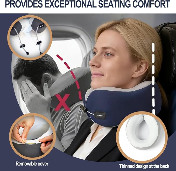 Travel Neck Pillow, Memory Foam Airplane Pillow for Long Flights | Pure memory foam, adjustable fit, washable velvet cover, eye mask, earplugs and carry case for flights, cars and office naps - Image 3