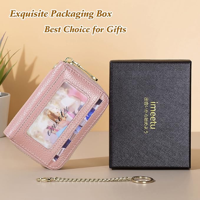 imeetu Rfid Credit Card Holder, Businese Card Case, Wallet for Women Men | Genuine Leather Card Wallet with id Window, Keychain & Double Zipper, Water-resistan Small Wallet with Gift Box, Daily Travel - Image 7