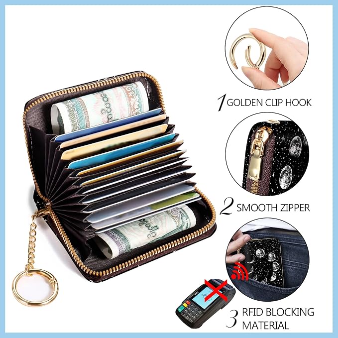 Blusabaca Women Credit Card Holder, Small RFID Wallet with Wristlet Strap | Moon, Removable Keychain, Case Zipper, PU Leather, Cash Coin Pocket, Business Purse with Key Lanyard, Ladies Female Gift - Image 5