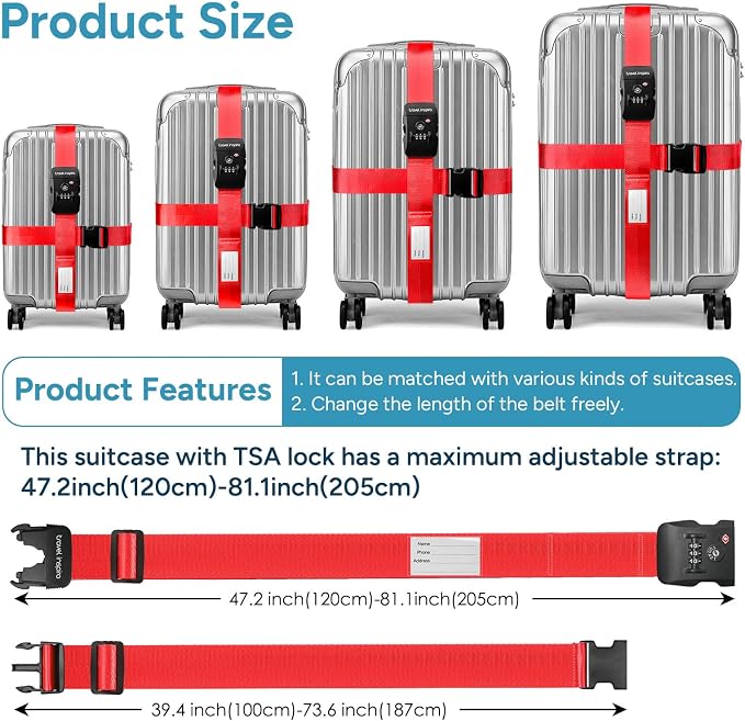 Travel Inspira Heavy Duty Luggage Straps with TSA Lock | Cross-Strap Design; 103-200cm Length; TSA Lock with Tag; Nylon Webbing; Quick Buckle; High Visibility Red;Anti-Burst - Image 5