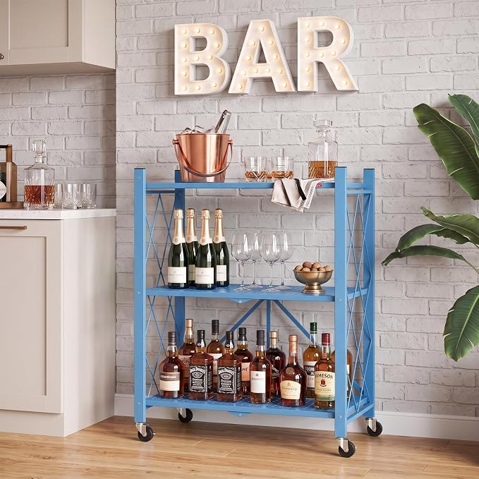 DEANIC 3 Tier Foldable Storage Shelves with Wheels, Kitchen Appliance Stand, Freestanding Metal Wire Shelf Rack, No Assembly Organizer Rolling Cart for Garage, Basement, Pantry(Blue Pack of 2) - Image 2