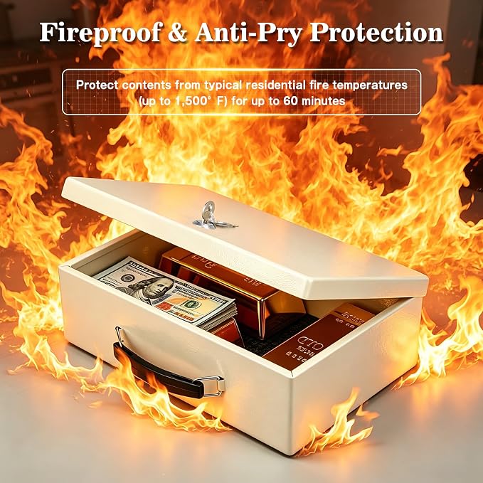 xydled Fireproof Document Box with Key Lock, Fire Safe Box, White | Fire and water resistant lock box for documents, passports, cash and valuables, keeping secure at home, 12.8 x 8.5 x 4.5 Inch - Image 2
