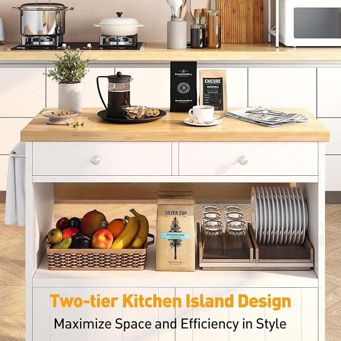Rolling Kitchen Island with Folding Drop Leaf Breakfast Bar, 35.4'' W Kitchen Cart with Storage Cabinet and 2 Drawers, Portable Mobile Kitchen Island Table with Towel Rack, Lockable Wheels, White - Image 5
