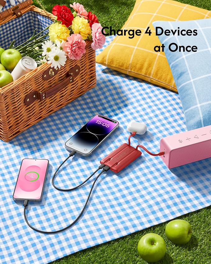 VEGER 10000mAh 22.5W Fast Charging Portable Charger with Built-in Cables | 0.4lb Slim USB C Power Bank, Small Battery Pack for iPhone 17/16/15/14/13/12 iPad Samsung, Flight Safe, Travel Essential, Red - Image 6
