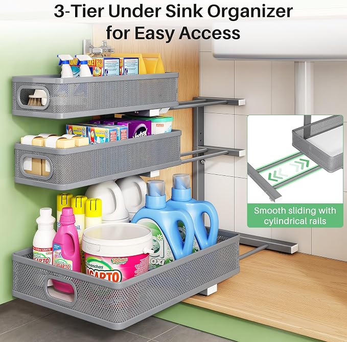 Kitstorack Under Sink Organizer, 2-Pack 3-Tier Height Adjustable Thickened Metal Pull out Cabinet Organizer Shelf, Slide out Storage Drawer Rack for Bathroom Kitchen Pantry Home Organization, Grey - Image 5