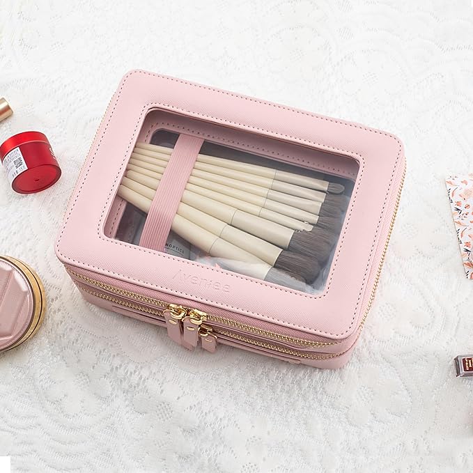 Aveniee XL Clear Makeup Organizer,Double Layer Travel Cosmetic Case with Brush Holder & Zippered Compartments, Large Toiletry Bag Train Case for Women.2 Layers, Pink - Image 5