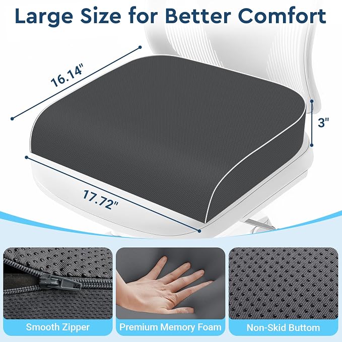 Seat Cushion, Memory Foam Office Chair Cushion, Gray, Large | Office Desk Accessories, Butt Pillow for Long Sitting Sciatica, Coccyx, Tailbone, Hip Pain Relief - for Home, Car, Airplane - Image 2