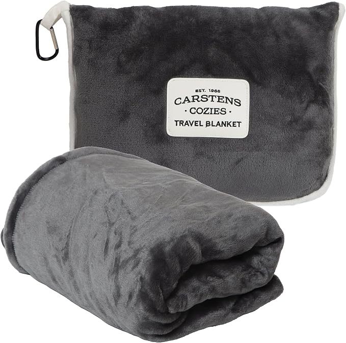 Carstens, Inc. Travel Blanket, Premium Compact 2-in-1 Airplane Blanket/Pillow, Perfect Grey by Carstens