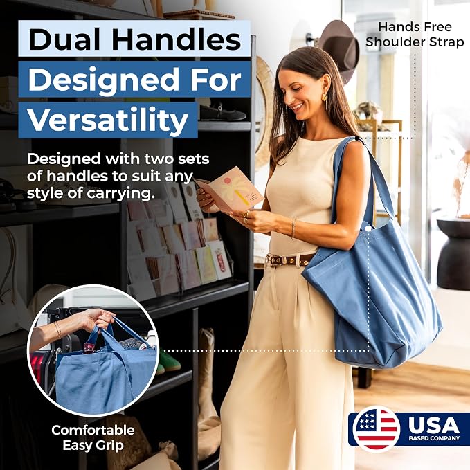 VeraMia Canvas Grocery Bag 3pc XL Set with Real Pockets, Long Shoulder Strap and Short Handle. Heavy Duty, Foldable, Washable - Image 3