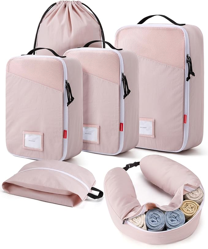 BAGSMART Compression Packing Cubes with Fillable Neck Pillow for Clothes | 1 Wearable Neck Pillow & 5 Travel Bags to Avoid Baggage Fees, Durable, Tear Resistant Washable Taslan Fabric with Card Slots by BAGSMART