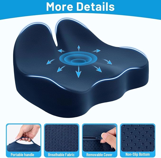 Memory Foam Seat Cushion, Ergonomic Office Chair Cushion for Long Sitting | Curved Tailbone Support Cushion for Car, Desk Chair and Wheelchair, Coccyx Comfort Pad with Breathable Cover, Blue - Image 3