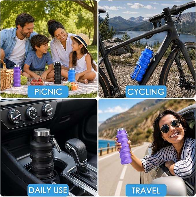 4 Pack Collapsible Water Bottles, 16oz Portable Reusable Silicone Water Bottle, Foldable Water Bottles for Travel Gym Camping Hiking, Leak Proof Sports Water Bottle with Carabiner (Bright Color) - Image 7