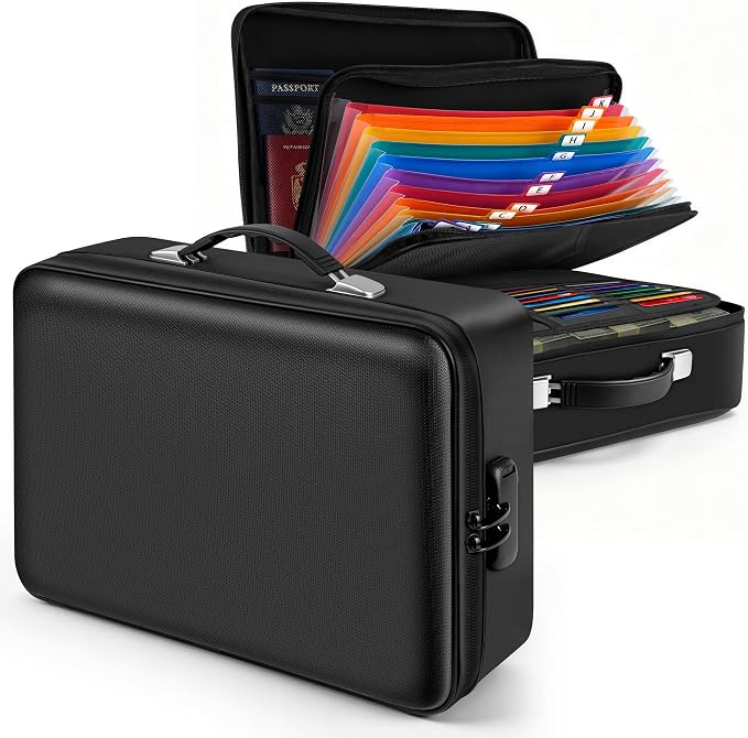 Fireproof Document Box with Lockable Zipper, Waterproof Hard-Shell Case, 13 Pockets Accordion File Folder, Multi-Layer Portable Travel, Home & Office Safe Storage Box for Important Papers, Cash (L) by Unknown