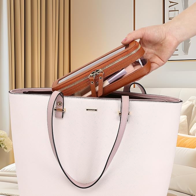 Pinkmik Makeup Brush Case, Brown, Slim | Clear Travel Cosmetic & Toiletry Bag, With Zipper, Small Purse Organizer, Car Essential for Women - Image 4