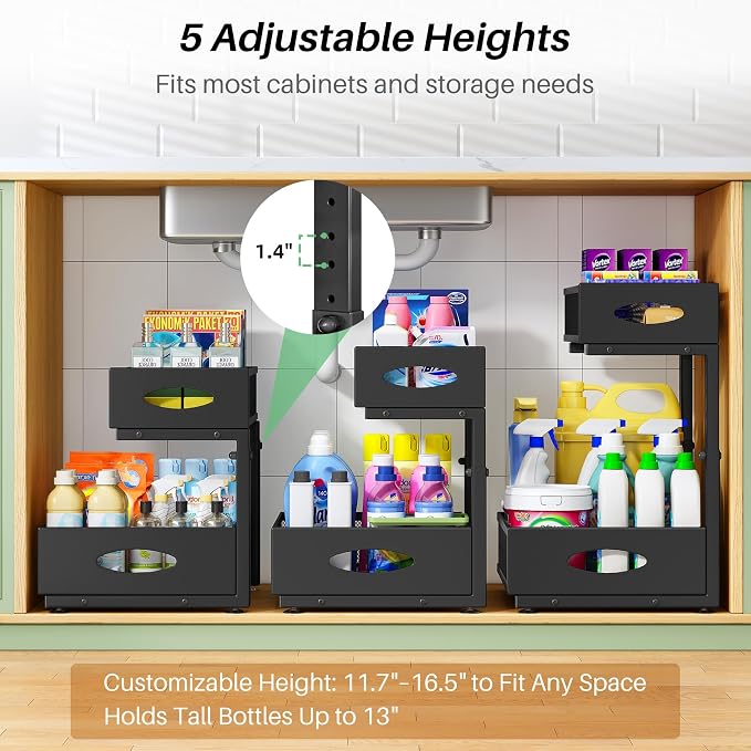 Under Sink Organizer, 1-Pack Pull Out Cabinet Organizer 2 Tier Metal Slide Out Storage Shelf Rack, L-Shaped Adjustable Height,Mesh Sliding Drawer for Kitchen, Bathroom, Laundry, Pantry, Black, XL - Image 5