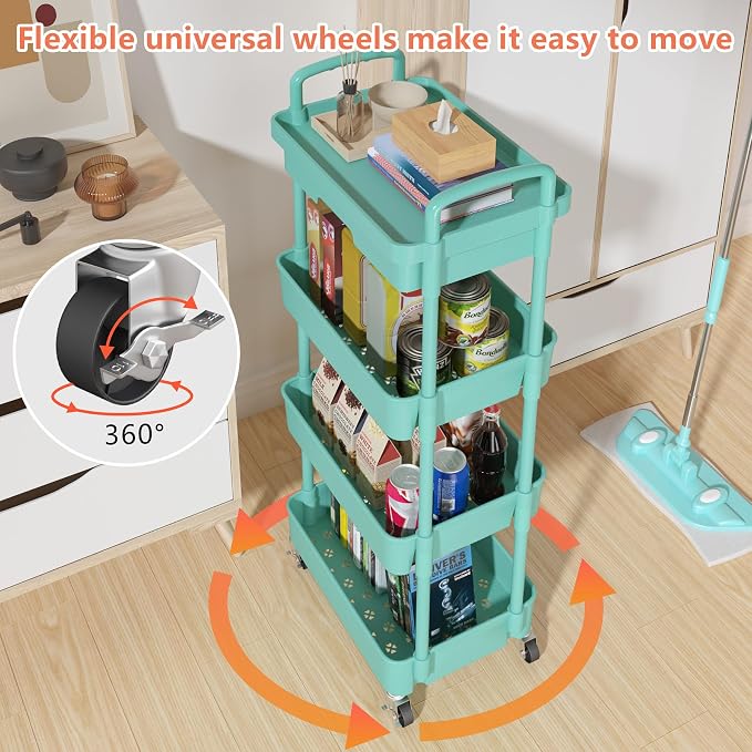 Calmootey 4-Tier Utility Cart with Drawer & Wheels, Storage for Home,Office | Space-Saving Organizer, Sturdy Plastic Shelves, Smooth-Rolling Metal Wheels, Built-in Drawer for Small Items, Green - Image 8