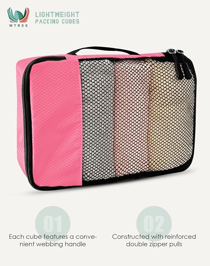 WTREE 4-Piece Packing Cubes Travel Accessories Set for Suitcases - Luggage Organizer Bags with Double Zipper - Mesh Top - Small/Medium/Large/Slim - Pink - Image 4