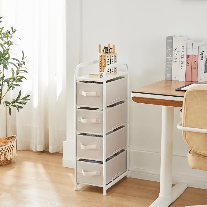 MAX Houser 4 Drawer Narrow Dresser Fabric Storage Tower Vertical Slim Storage Chest Organizer Nightstand Side/End Table Small Standing Organizer Removable Drawers Wood Top for Bedroom, Bathroom(Beige) - Image 7