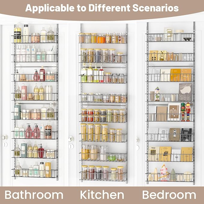 ElegantArray 8-Tier Pantry Door Organizer, Light Gray | Over The Door, Hanging Spice Rack Shelves, Home Office Laundry Room Bathroom & Kitchen, Storage Rack - Image 4