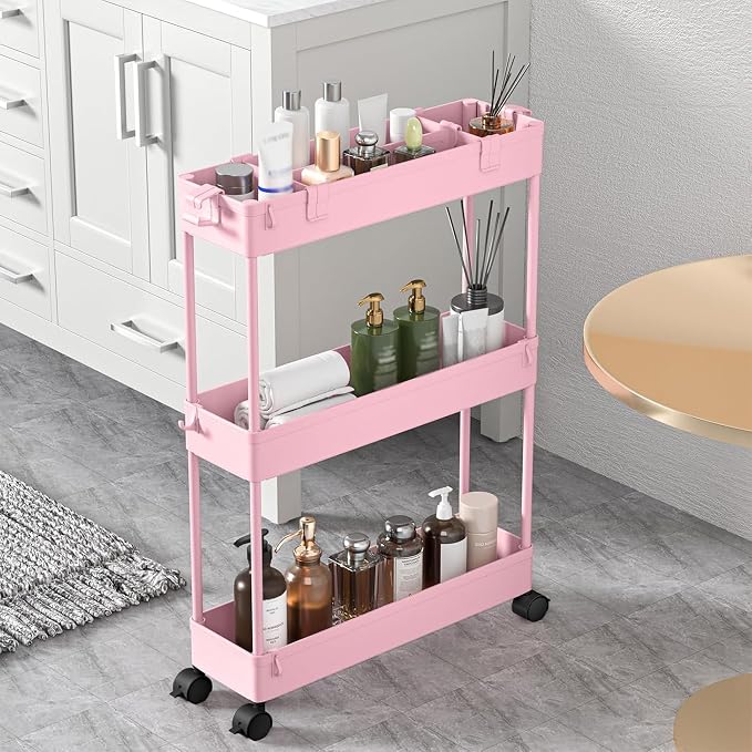 2-piece Set Slim Storage Cart 3 Tier,Bathroom Organizer Rolling Utility,Mobile Shelving Unit Slide Out for Office, Kitchen, Laundry Room & Narrow Places - Image 4