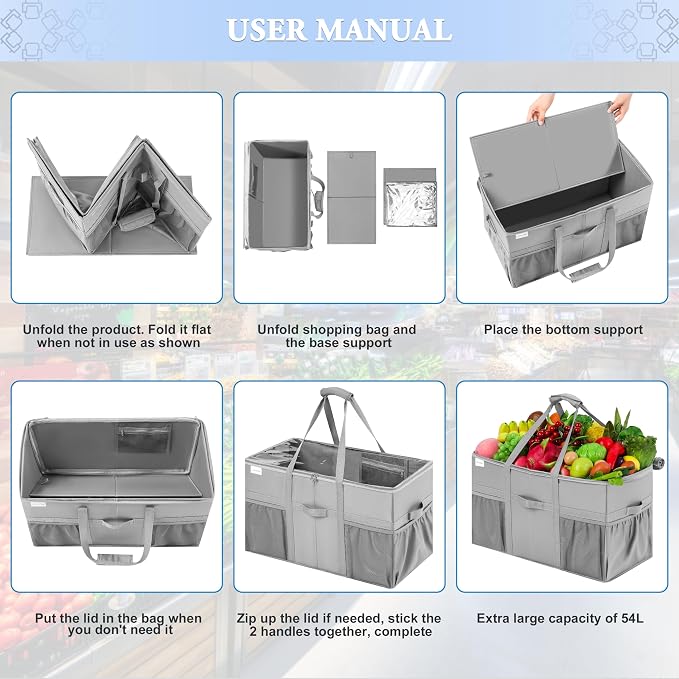 Extra Large Utility Tote Bag, 2 Pack Reusable Grocery Bags Heavy Duty, Sturdy Structured Tote Bag with Pockets & Handles, Foldable Shopping Bags for Groceries, Collapsible Totes with Lids 22x11.5x13in - Image 7