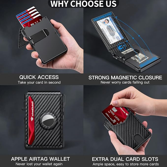 Airtag Wallet for Men, Mens Smart Wallet for Air Tag RFID Blocking, Minimalist Bifold Pop Up Aluminum Credit Card Case Holder 12+ Cards with ID Window, Gift for Men, No Airtag Included, Carbon Fiber - Image 6