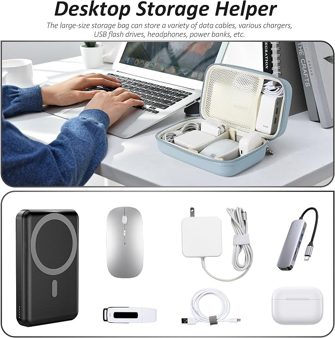 Portable Charger Case, Tech Pouch Travel Organizer, XL, Blue | Hard Shell Electronic Storage for MacBook Power Adapter, Magic Mouse, Charging Cords, Power Bank Laptop Accessories - Image 6