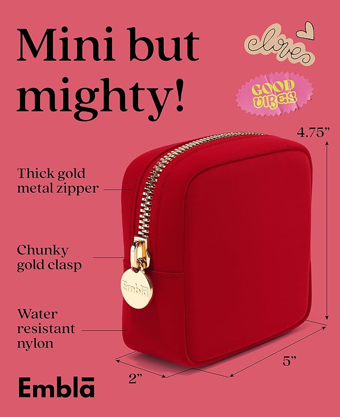 Embla Makeup Bag Travel Cosmetics Pouch and Toiletry Bag, Nylon Zipper Pouch Purse, Cute Make Up Organizer Storage Tote for Women Girls, Waterproof Travel Skincare Case, Small Makeup Bags, Ruby Red - Image 2