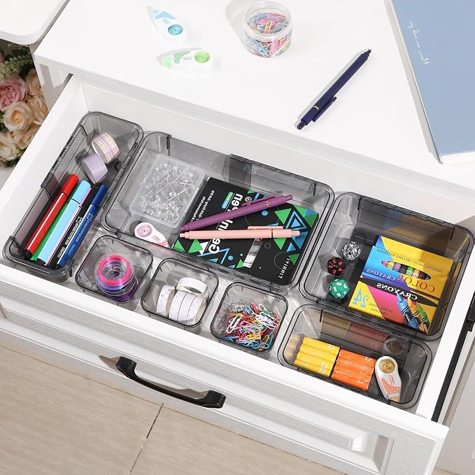 25 Pcs Clear Drawer Organizer, Adjustable Drawer Storage Box, 3-Size Desk Drawer Organizer, Acrylic Storage Bins for Makeup, Kitchen Utensils, Bedroom Dressers Tool Organizer for Gadgets, Black - Image 5