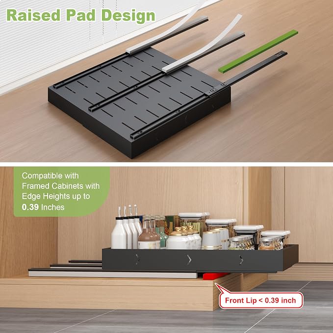 2-Pack-Expandable-Pull-Out-Cabinet-Organizers, No Drill Slide Out Drawers | Adjustable Pull Out Shelf With Raising Pad For Kitchen Framed Cabinet, Heavy Duty Sliding Roll Out Drawers Inside Cabinet - Image 5