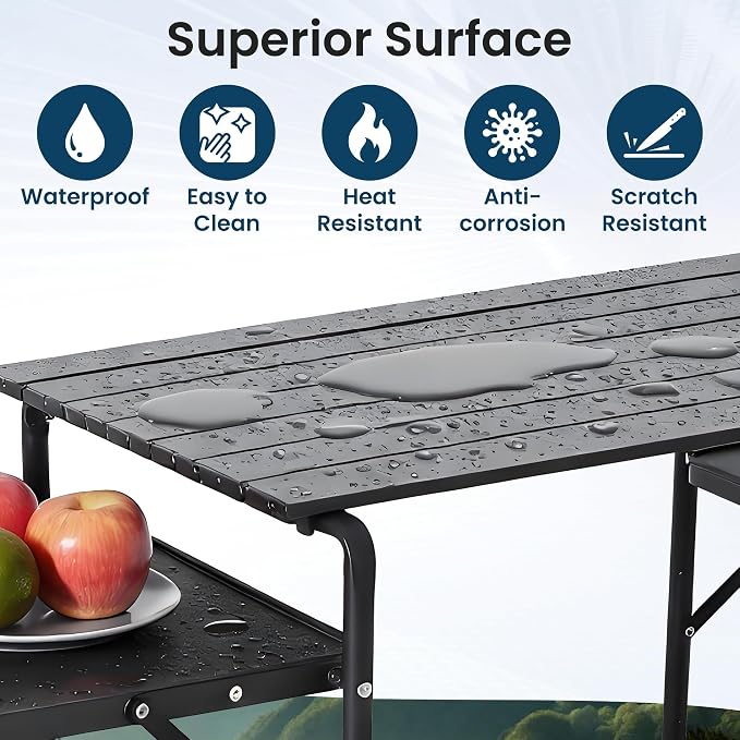 Slim-Fold Camping Kitchen Table, Metal Folding Portable Outdoor Cook Station with 4 Side Tables, 2 Storage Shelves & Carrying Bag, Heat Resistant for Picnic BBQ,Upgraded Black - Image 5