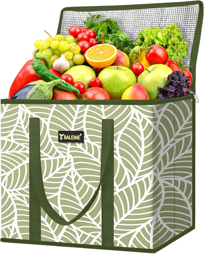 BALEINE 1PK Insulated Reusable Grocery Bag, Heavy Duty Shopping Tote | Foam & Foil Insulation, 9" Long Handles, Reinforced Bottom Keeps Upright, Fold Flat Storage, Water-Resistant Shopping Bag by BALEINE