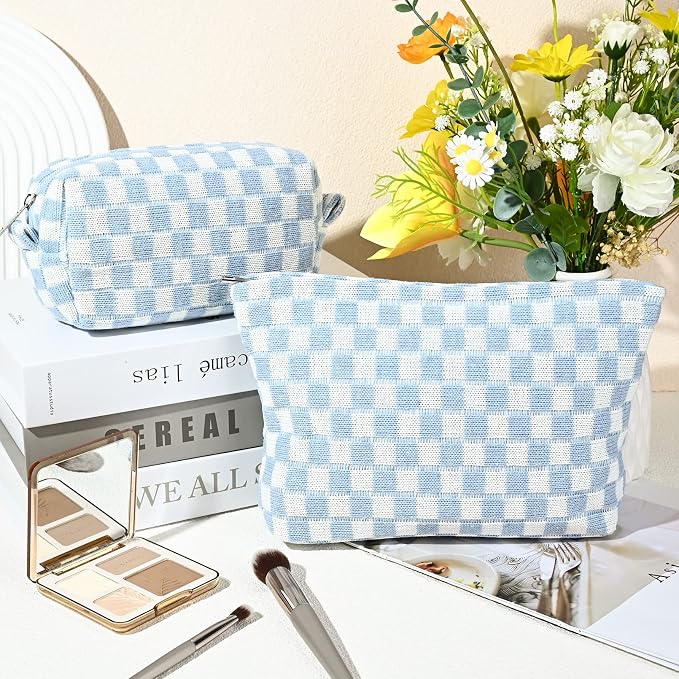 SOIDRAM 2 Pieces Makeup Bag Large Checkered Cosmetic Bag Capacity Canvas Mix Travel Toiletry Bag Organizer Cute Makeup Brushes Aesthetic Accessories Storage Bag for Women, Checkered Mix Blue - Image 2