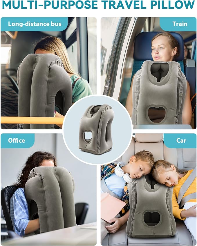 Inflatable Travel Pillow, Airplane Neck Pillow Comfortably Supports Head and Chin for Airplanes, Trains, Cars Office Napping on The Tray Table (Grey) - Image 7