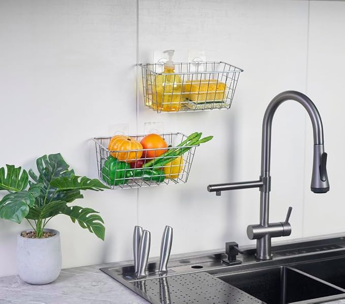 JUNCHU CHERRY 5 Pack Hanging Storage Basket, Bathroom Basket, Household Goods, with Traceless Tape, no Drilling, for Cabinet Storage, Kitchen, Bathroom, Storage Room,Chrome - Image 2