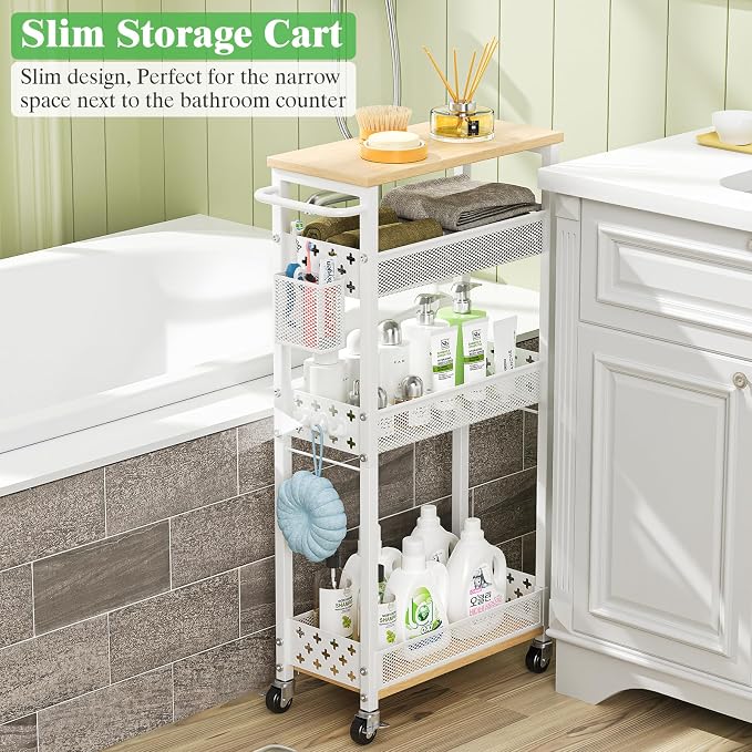 4 Tier Slim Rolling Cart Bathroom Organizer and Storage with Wheels | Narrow metal laundry room cart，kitchen organizer, trolley with handle and mesh basket, 7.1 inch width for small space, white - Image 8